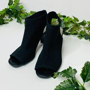 Impo Stretch black fabric peep toe sock heels